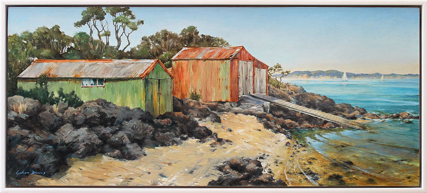 Graham Downs nz landscape fine art oil painting, rangitoto bachs